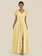 KissDress-Corin Pastel Yellow A Line Chiffon V Neck Long Bridesmaid Dress with Flutter Sleeves