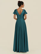 KissDress-Corin Pine A Line Chiffon V Neck Long Bridesmaid Dress with Flutter Sleeves