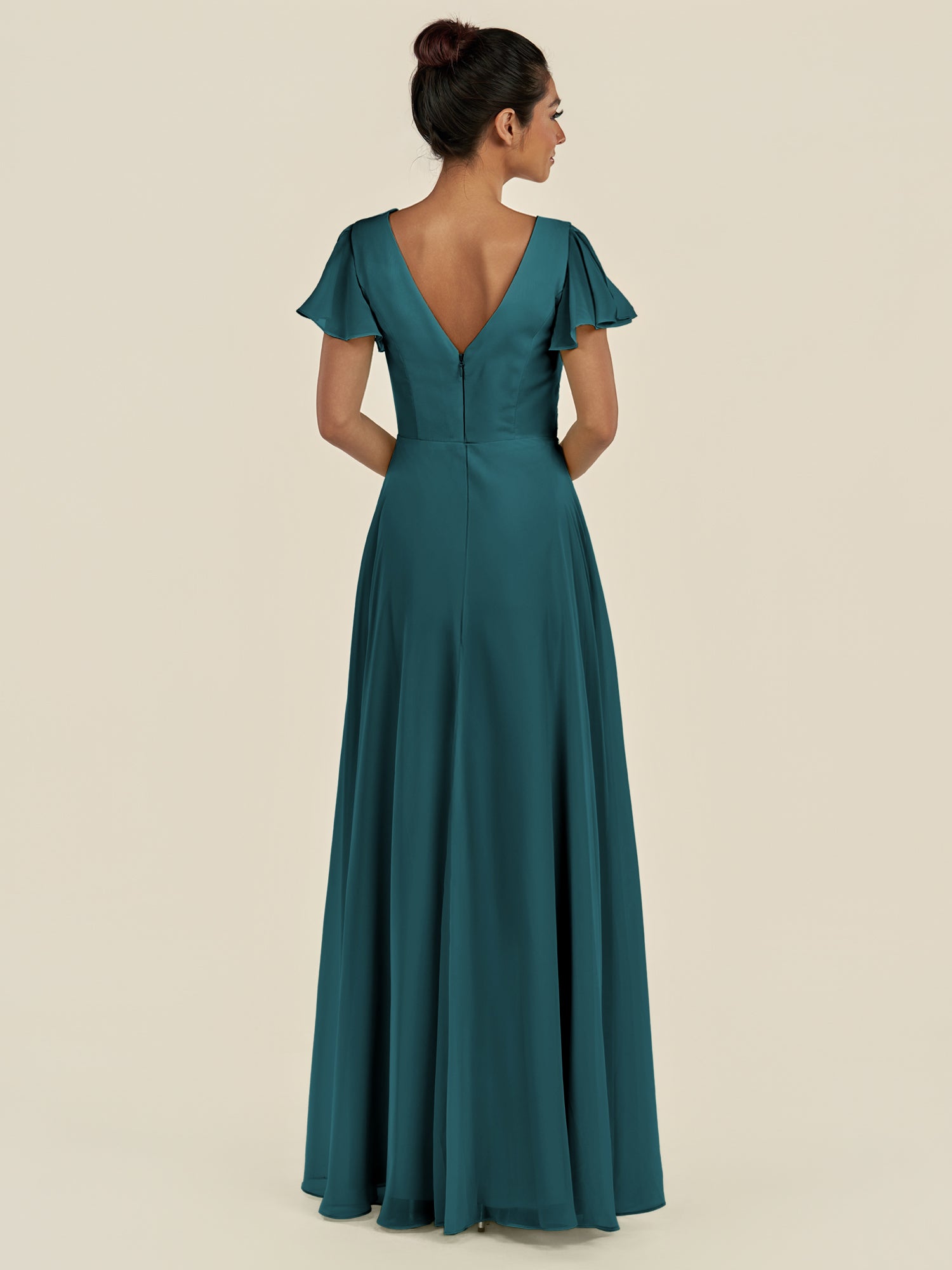 KissDress-Corin Pine A Line Chiffon V Neck Long Bridesmaid Dress with Flutter Sleeves