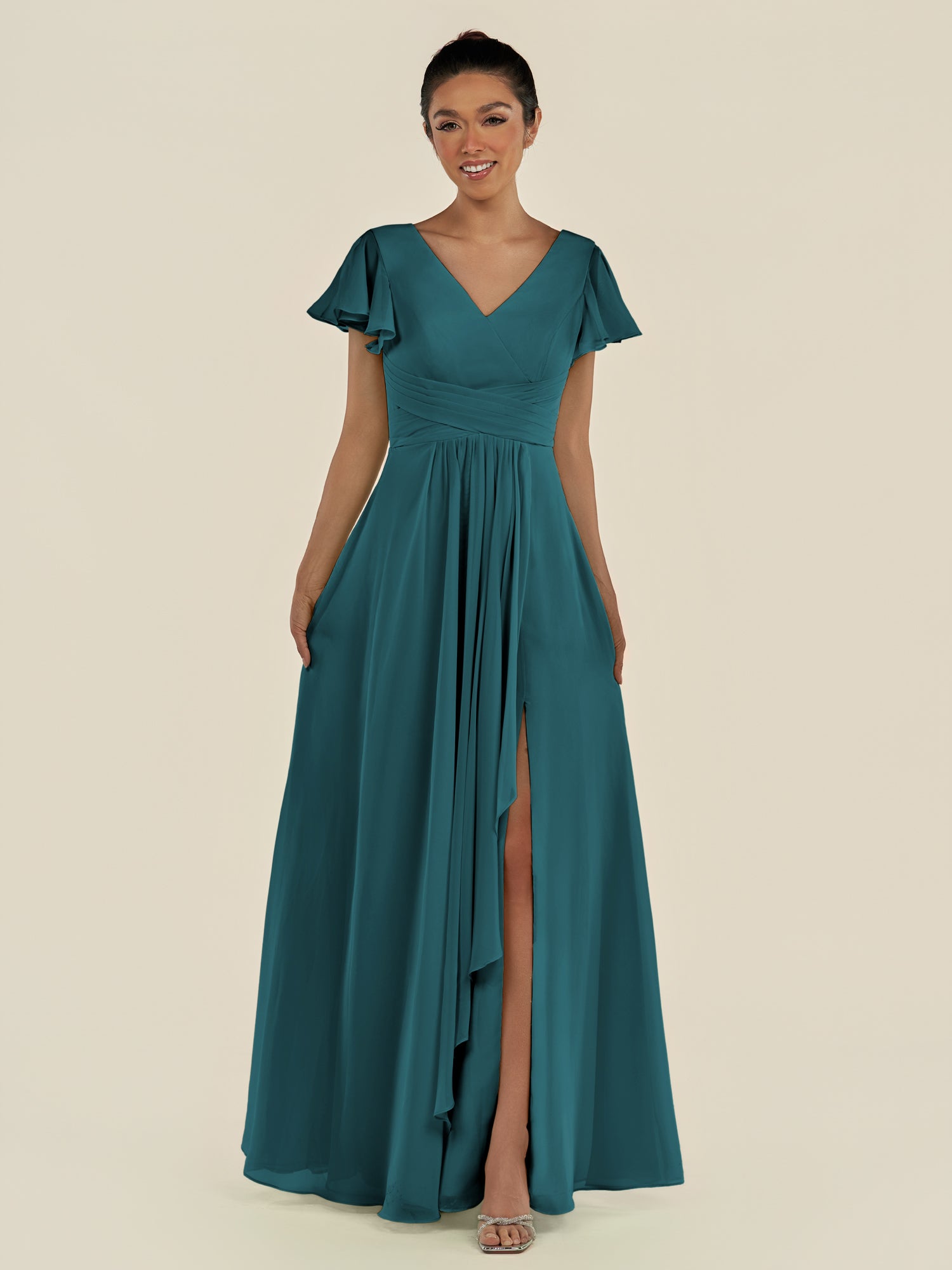 KissDress-Corin Pine A Line Chiffon V Neck Long Bridesmaid Dress with Flutter Sleeves