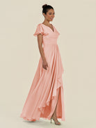 KissDress-Corin Rose Petal A Line Chiffon V Neck Long Bridesmaid Dress with Flutter Sleeves