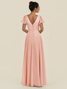 KissDress-Corin Rose Petal A Line Chiffon V Neck Long Bridesmaid Dress with Flutter Sleeves