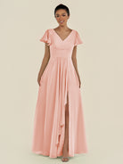 KissDress-Corin Rose Petal A Line Chiffon V Neck Long Bridesmaid Dress with Flutter Sleeves