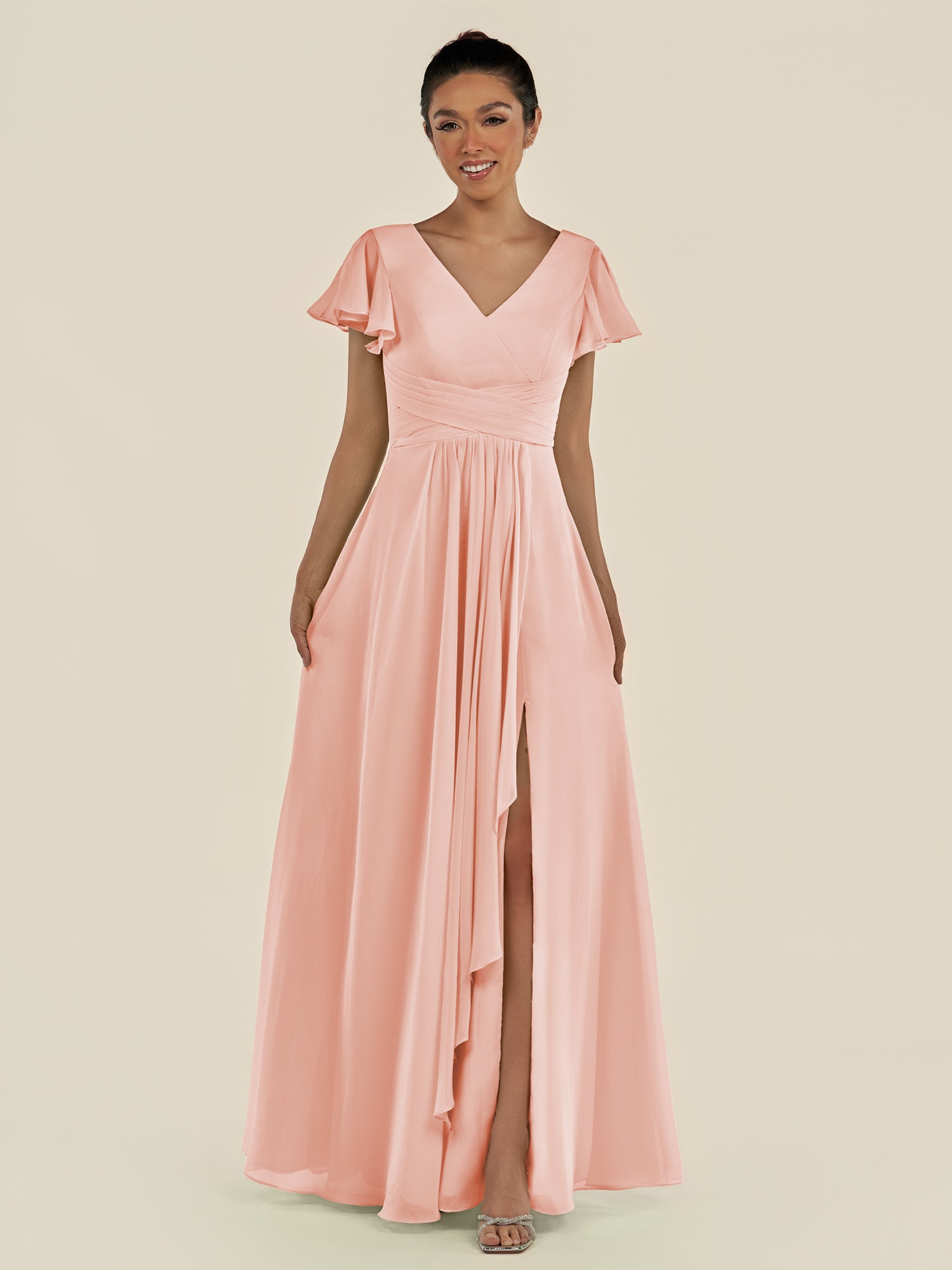 KissDress-Corin Rose Petal A Line Chiffon V Neck Long Bridesmaid Dress with Flutter Sleeves