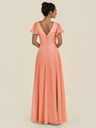 KissDress-Corin Rosette A Line Chiffon V Neck Long Bridesmaid Dress with Flutter Sleeves