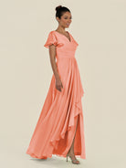 KissDress-Corin Rosette A Line Chiffon V Neck Long Bridesmaid Dress with Flutter Sleeves