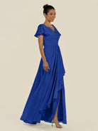 KissDress-Corin Royal Blue A Line Chiffon V Neck Long Bridesmaid Dress with Flutter Sleeves