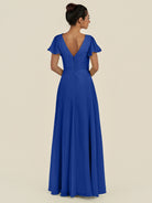 KissDress-Corin Royal Blue A Line Chiffon V Neck Long Bridesmaid Dress with Flutter Sleeves