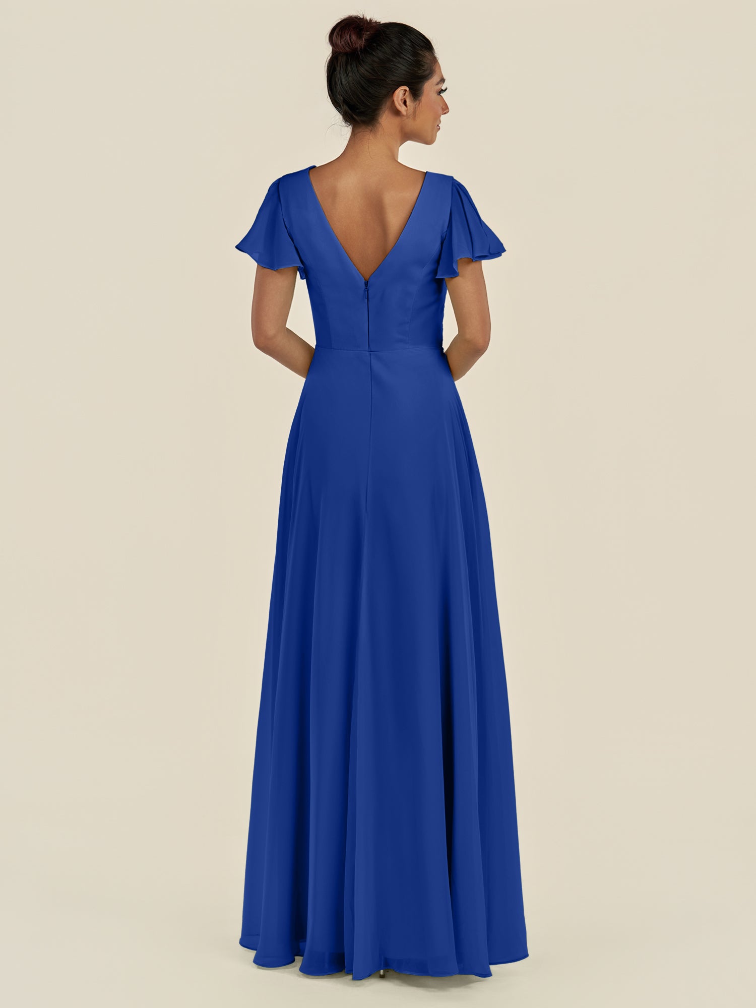 KissDress-Corin Royal Blue A Line Chiffon V Neck Long Bridesmaid Dress with Flutter Sleeves