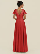 KissDress-Corin Ruby Red A Line Chiffon V Neck Long Bridesmaid Dress with Flutter Sleeves