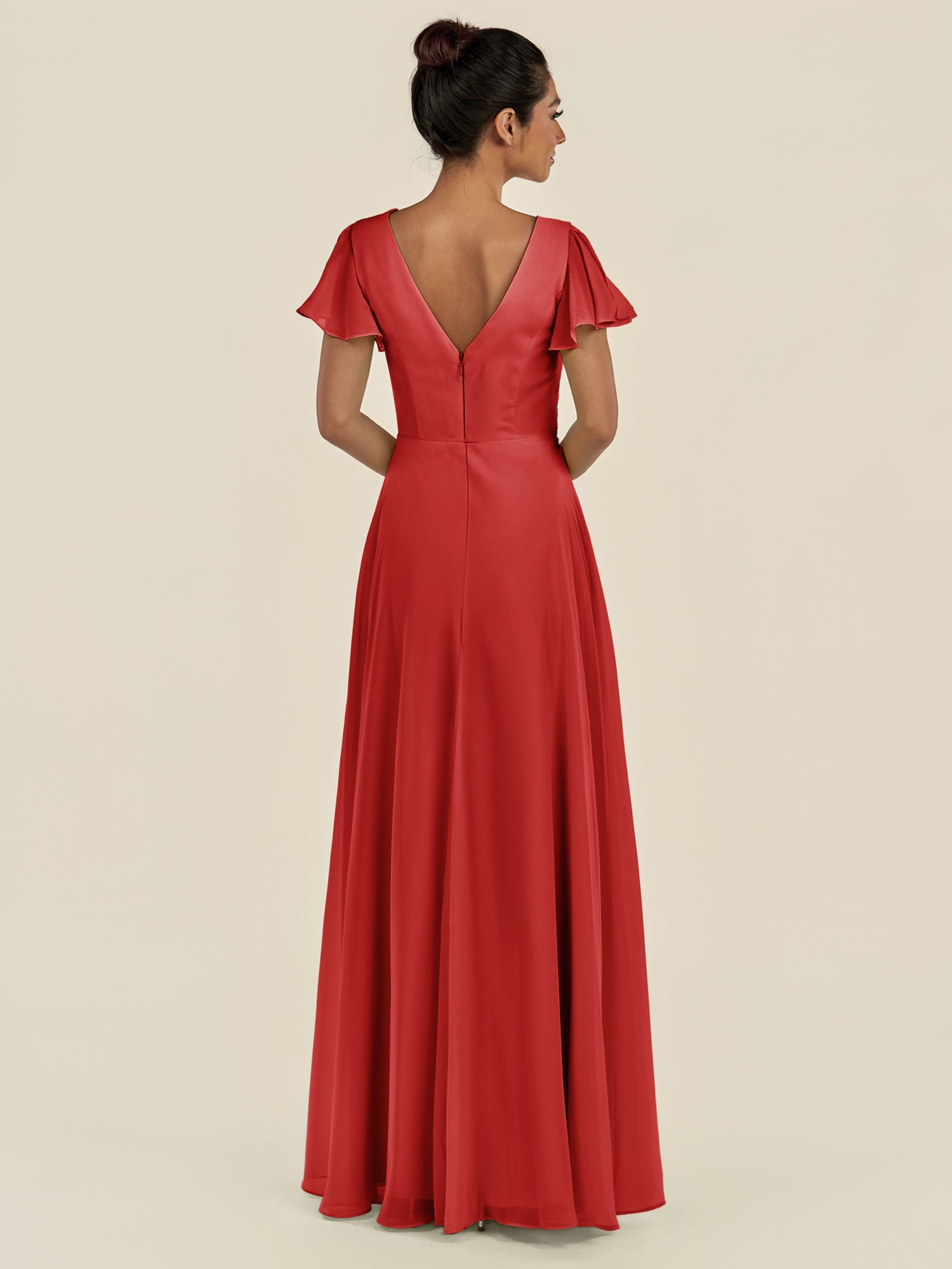 KissDress-Corin Ruby Red A Line Chiffon V Neck Long Bridesmaid Dress with Flutter Sleeves