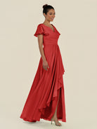 KissDress-Corin Ruby Red A Line Chiffon V Neck Long Bridesmaid Dress with Flutter Sleeves
