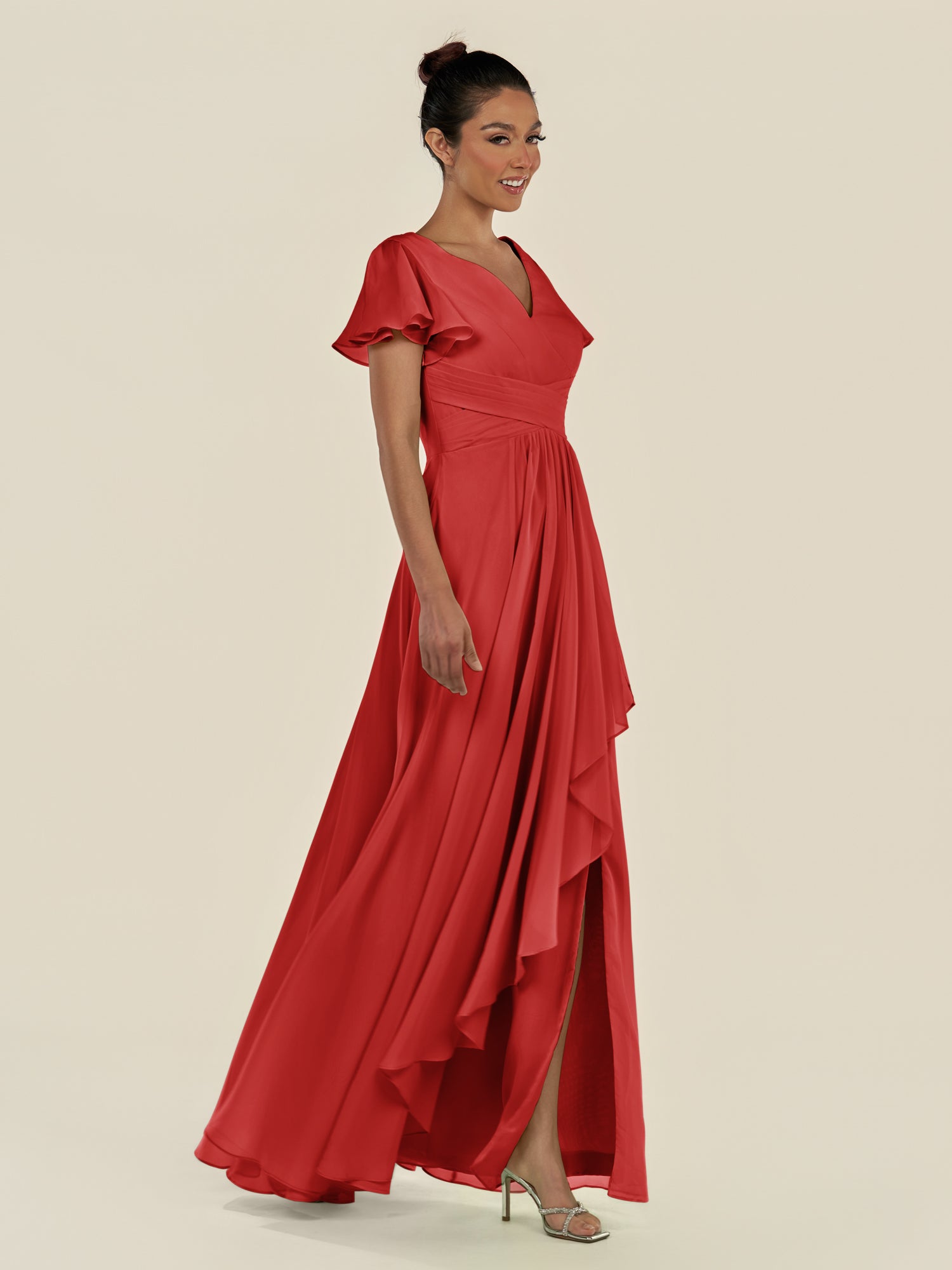 KissDress-Corin Ruby Red A Line Chiffon V Neck Long Bridesmaid Dress with Flutter Sleeves