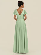 KissDress-Corin Sage A Line Chiffon V Neck Long Bridesmaid Dress with Flutter Sleeves