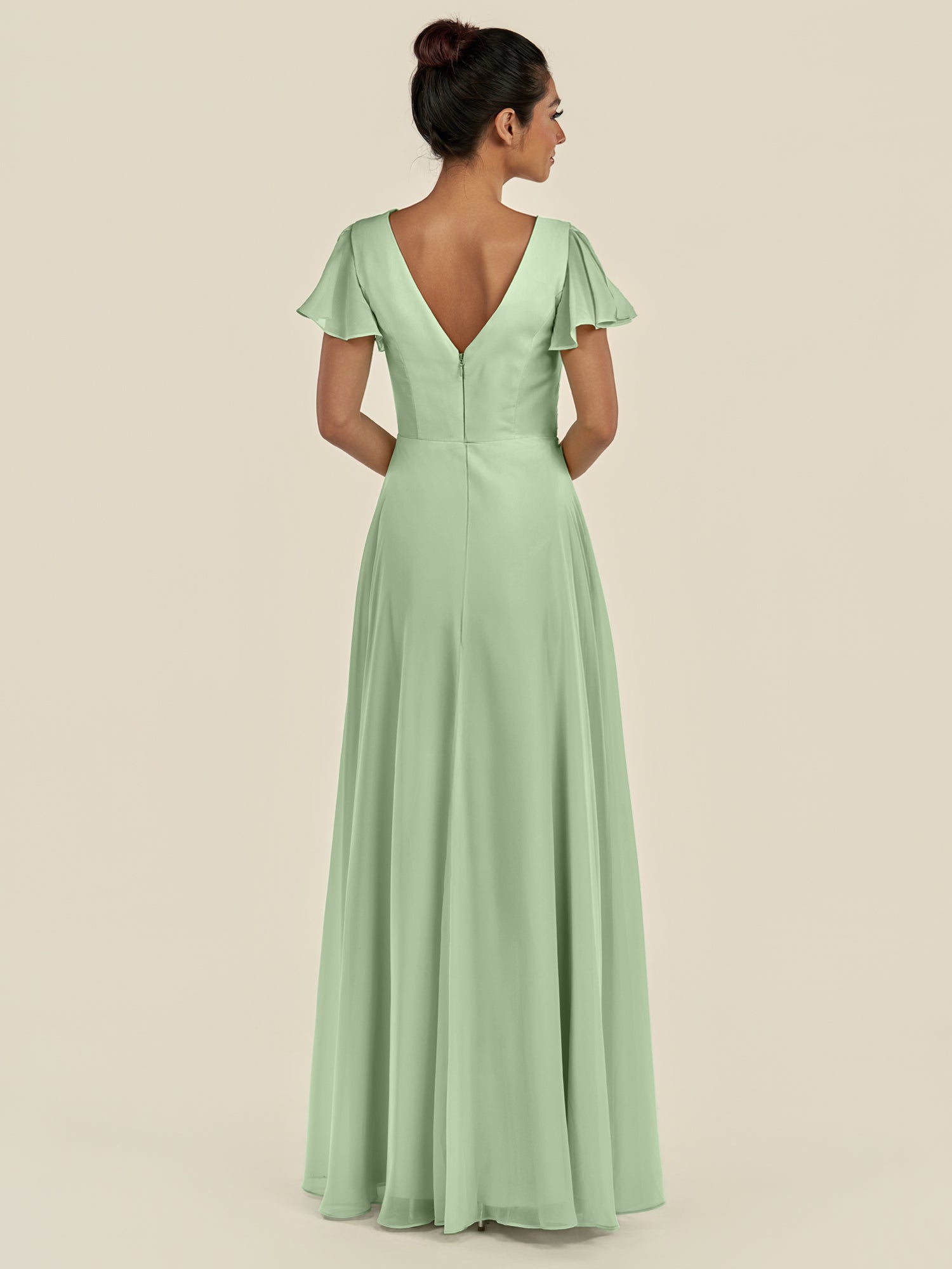 KissDress-Corin Sage A Line Chiffon V Neck Long Bridesmaid Dress with Flutter Sleeves