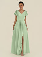 KissDress-Corin Sage A Line Chiffon V Neck Long Bridesmaid Dress with Flutter Sleeves