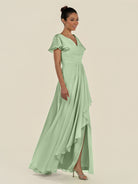 KissDress-Corin Sage A Line Chiffon V Neck Long Bridesmaid Dress with Flutter Sleeves