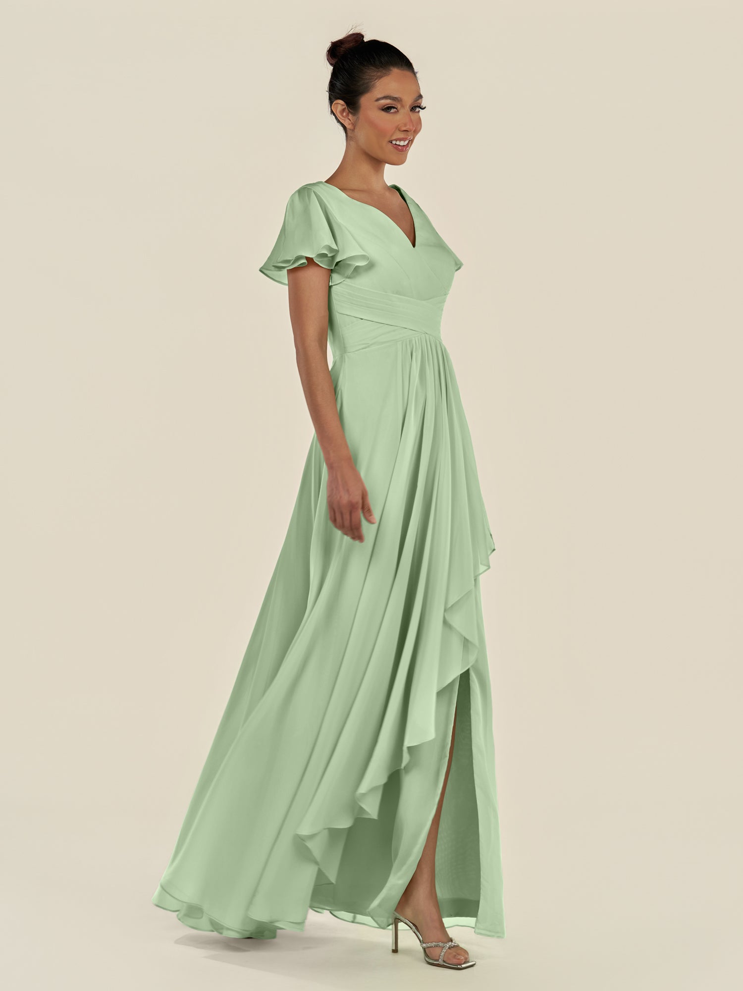 KissDress-Corin Sage A Line Chiffon V Neck Long Bridesmaid Dress with Flutter Sleeves