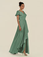 KissDress-Corin Sea Glass A Line Chiffon V Neck Long Bridesmaid Dress with Flutter Sleeves