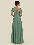 KissDress-Corin Sea Glass A Line Chiffon V Neck Long Bridesmaid Dress with Flutter Sleeves