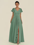KissDress-Corin Sea Glass A Line Chiffon V Neck Long Bridesmaid Dress with Flutter Sleeves