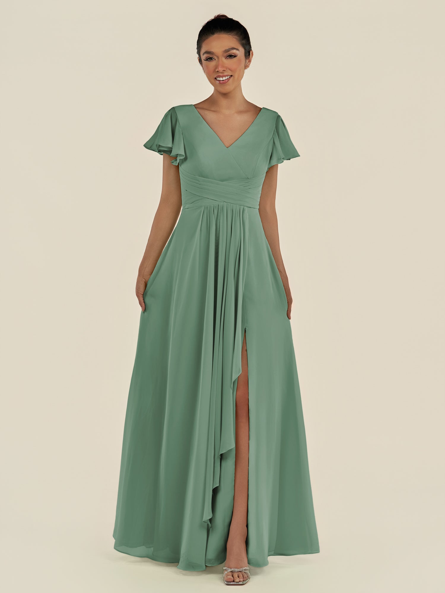 KissDress-Corin Sea Glass A Line Chiffon V Neck Long Bridesmaid Dress with Flutter Sleeves