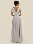 KissDress-Corin Silver A Line Chiffon V Neck Long Bridesmaid Dress with Flutter Sleeves