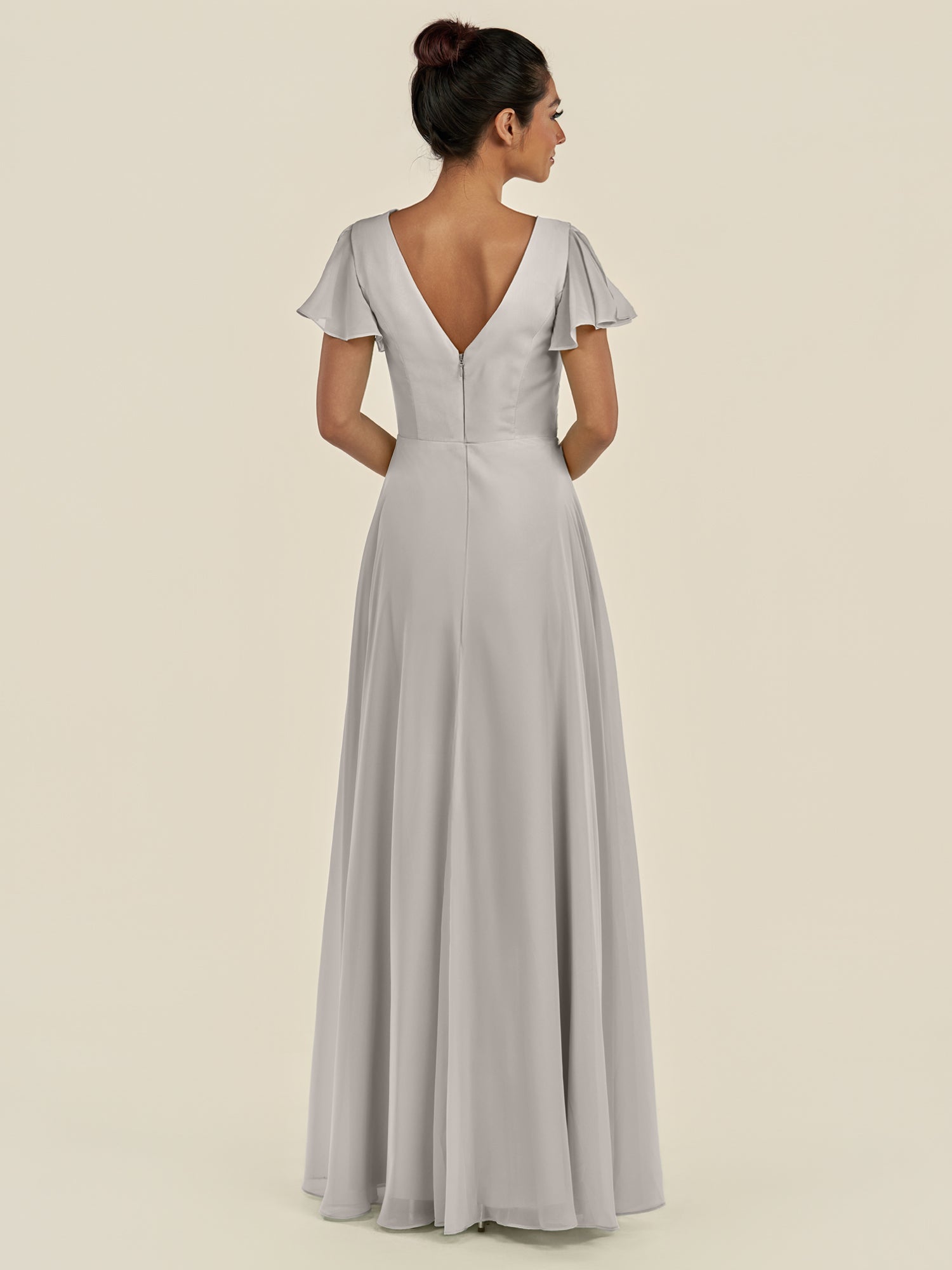 KissDress-Corin Silver A Line Chiffon V Neck Long Bridesmaid Dress with Flutter Sleeves