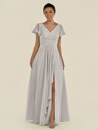KissDress-Corin Silver A Line Chiffon V Neck Long Bridesmaid Dress with Flutter Sleeves