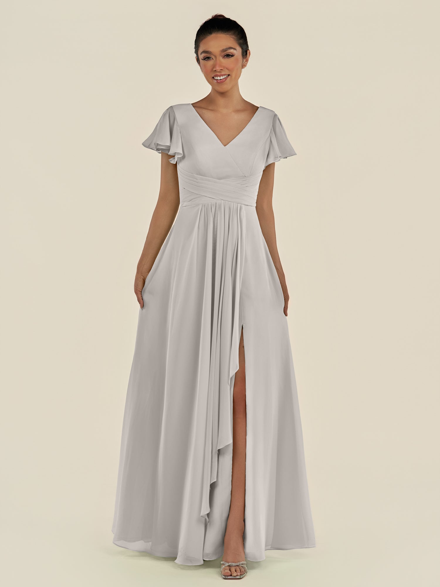 KissDress-Corin Silver A Line Chiffon V Neck Long Bridesmaid Dress with Flutter Sleeves