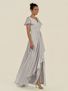 KissDress-Corin Silver A Line Chiffon V Neck Long Bridesmaid Dress with Flutter Sleeves