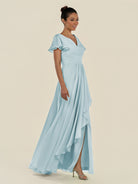 KissDress-Corin Sky Blue A Line Chiffon V Neck Long Bridesmaid Dress with Flutter Sleeves