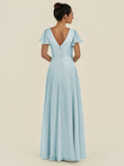 KissDress-Corin Sky Blue A Line Chiffon V Neck Long Bridesmaid Dress with Flutter Sleeves