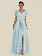 KissDress-Corin Sky Blue A Line Chiffon V Neck Long Bridesmaid Dress with Flutter Sleeves