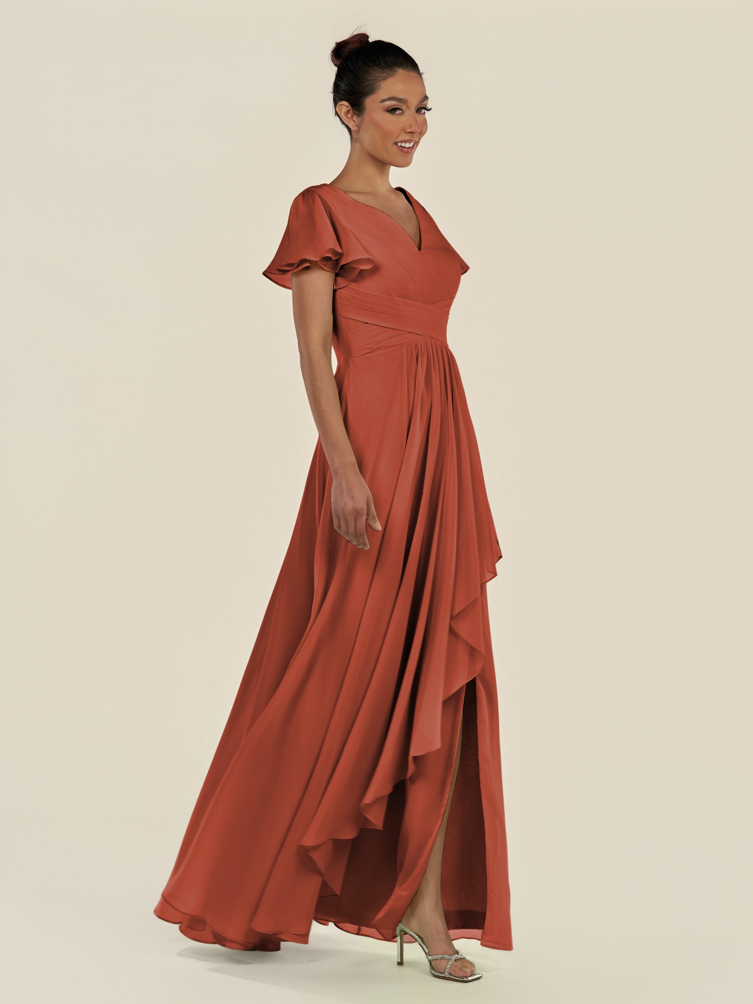 KissDress-Corin Spice A Line Chiffon V Neck Long Bridesmaid Dress with Flutter Sleeves