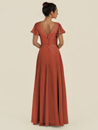 KissDress-Corin Spice A Line Chiffon V Neck Long Bridesmaid Dress with Flutter Sleeves