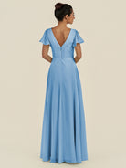 KissDress-Corin Steel Blue A Line Chiffon V Neck Long Bridesmaid Dress with Flutter Sleeves