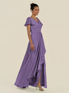 KissDress-Corin Tahiti A Line Chiffon V Neck Long Bridesmaid Dress with Flutter Sleeves