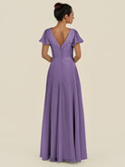 KissDress-Corin Tahiti A Line Chiffon V Neck Long Bridesmaid Dress with Flutter Sleeves
