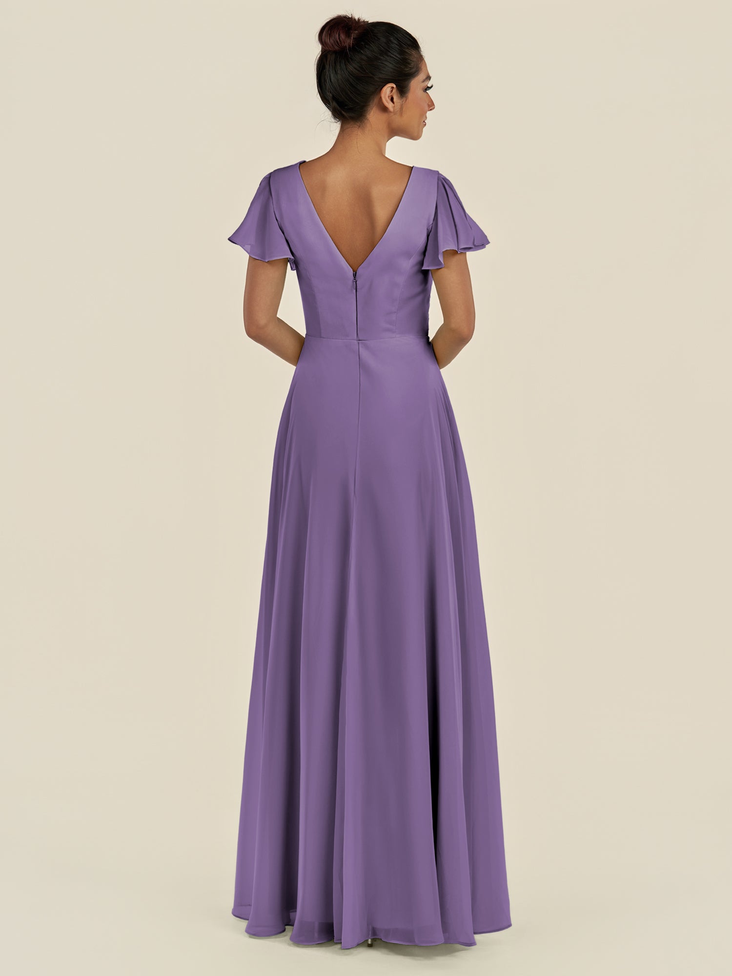 KissDress-Corin Tahiti A Line Chiffon V Neck Long Bridesmaid Dress with Flutter Sleeves