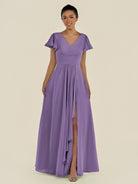 KissDress-Corin Tahiti A Line Chiffon V Neck Long Bridesmaid Dress with Flutter Sleeves