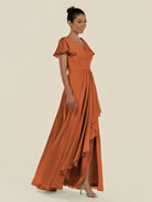 KissDress-Corin Terracotta A Line Chiffon V Neck Long Bridesmaid Dress with Flutter Sleeves