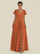 KissDress-Corin Terracotta A Line Chiffon V Neck Long Bridesmaid Dress with Flutter Sleeves