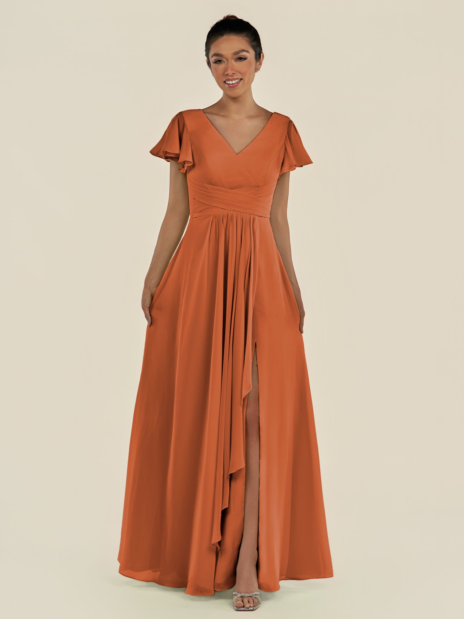 KissDress-Corin Terracotta A Line Chiffon V Neck Long Bridesmaid Dress with Flutter Sleeves