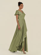 KissDress-Corin Thyme A Line Chiffon V Neck Long Bridesmaid Dress with Flutter Sleeves