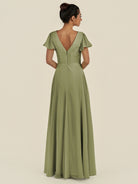 KissDress-Corin Thyme A Line Chiffon V Neck Long Bridesmaid Dress with Flutter Sleeves