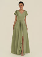 KissDress-Corin Thyme A Line Chiffon V Neck Long Bridesmaid Dress with Flutter Sleeves