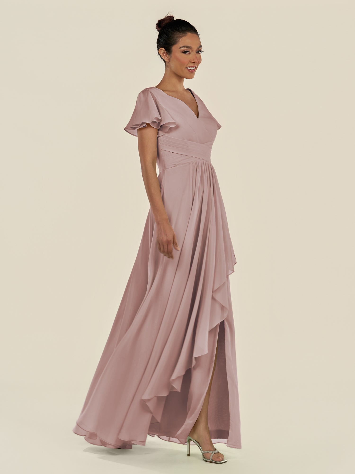 KissDress-Corin Toffee A Line Chiffon V Neck Long Bridesmaid Dress with Flutter Sleeves