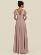 KissDress-Corin Toffee A Line Chiffon V Neck Long Bridesmaid Dress with Flutter Sleeves