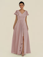 KissDress-Corin Toffee A Line Chiffon V Neck Long Bridesmaid Dress with Flutter Sleeves